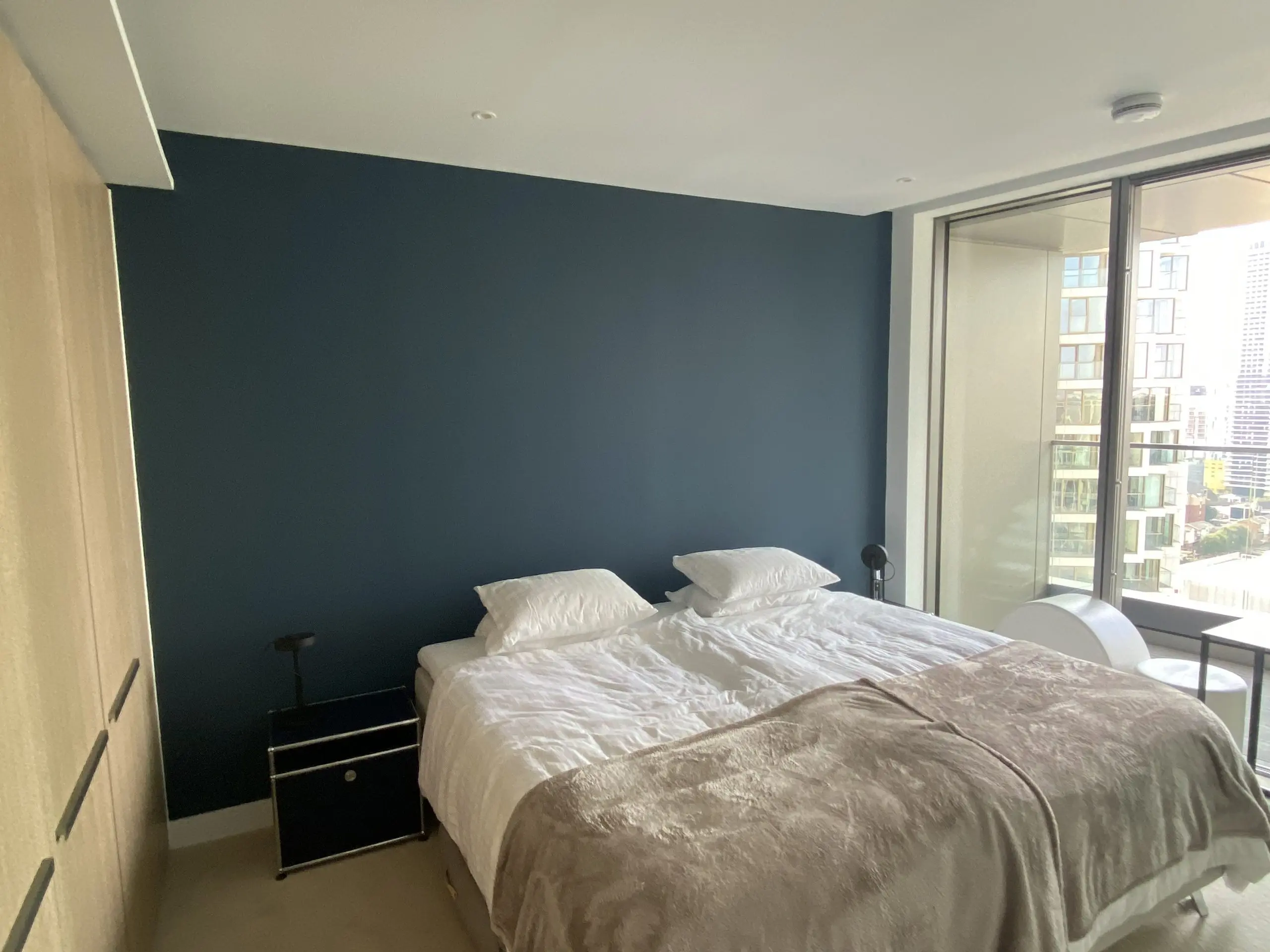 bedroom feature wall, farrow ball, stiffkey blue, canary-wharf, london